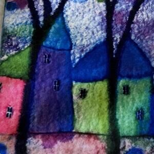 Nora Cora Multi-coloured purple smooth felt material house patterned bag.